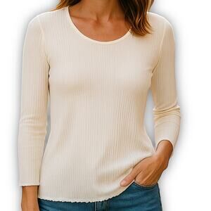 Vince T Shirt Textured Knit Ivory Short Sleeve Lettuce Hem XL New